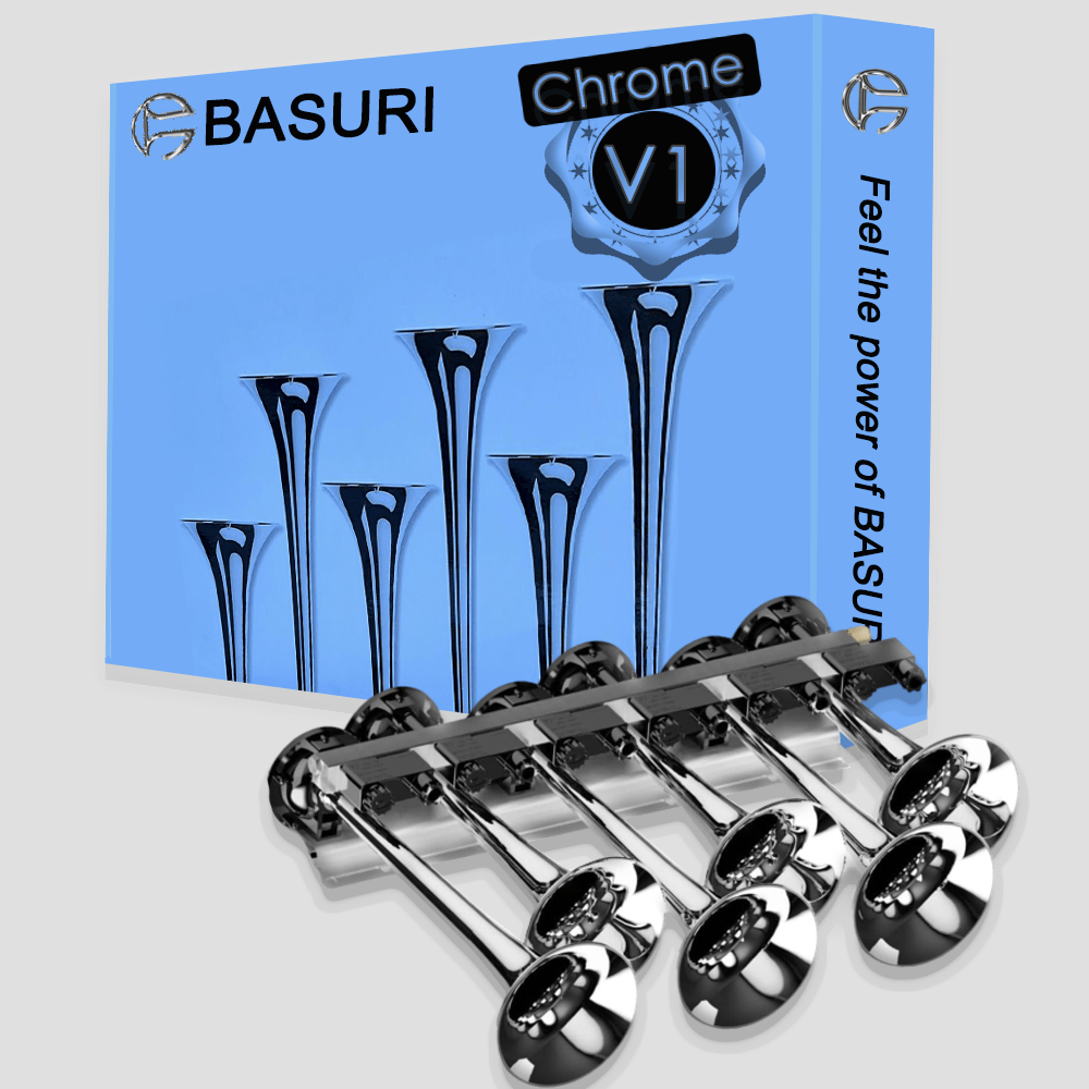 BASURI® Air Horn 31 Sounds for Bus, Truck and Heavy Duty Vehicles (Chrome Edition)